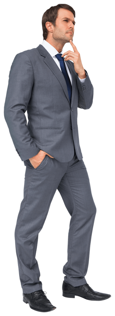 Thoughtful Caucasian Businessman in Gray Suit on Transparent Background