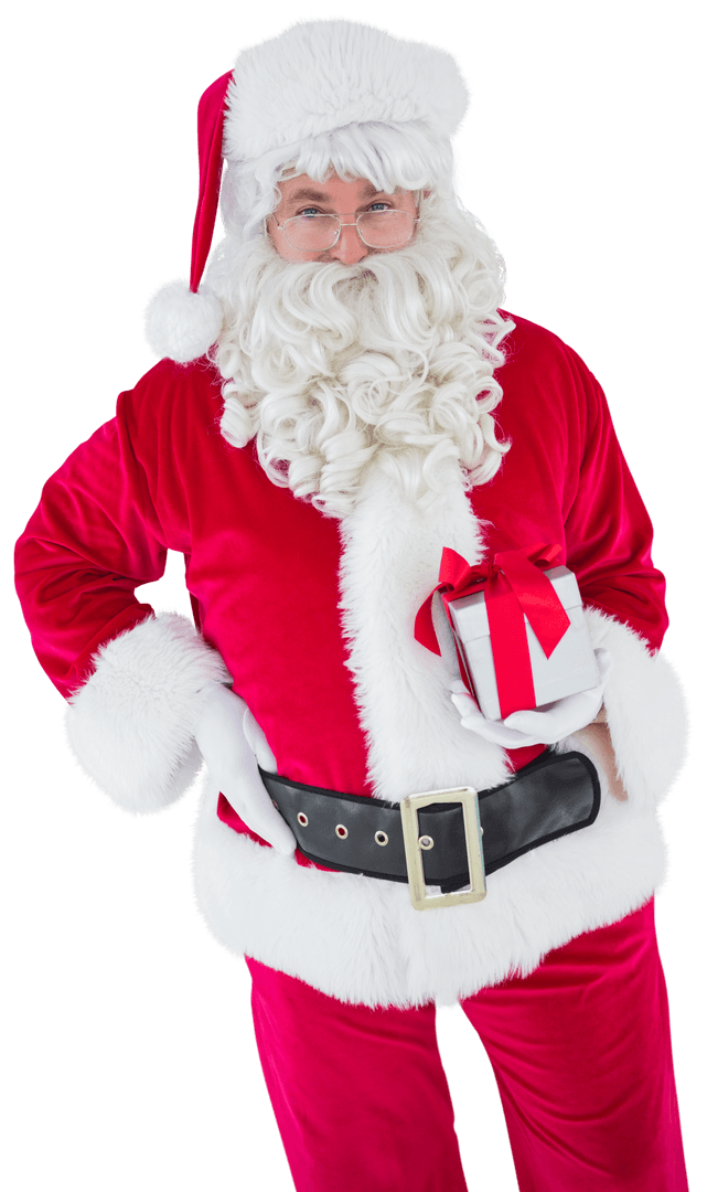 Transparent Santa Claus Holding a Gift with Cheerful Expression