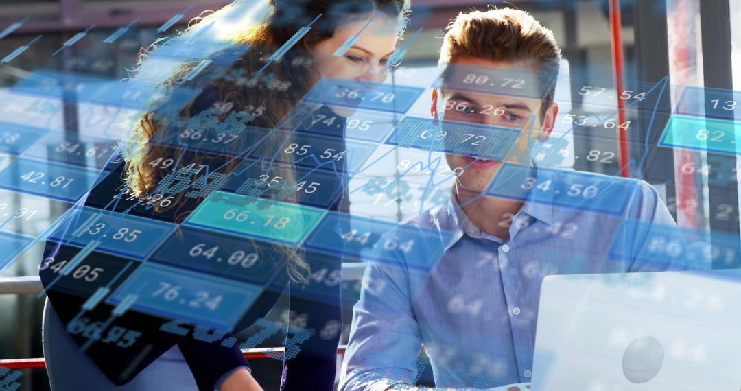 Business Team Analyzing Transparent Market Data Display