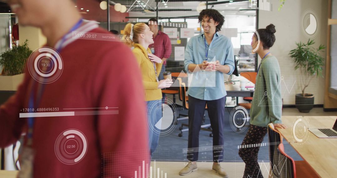 Diverse Colleagues Interacting with Digital Analytics Overlay in Modern Workspace
