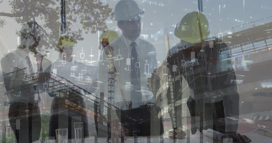 Architectural Team Discussing Plans at Construction Site Amid Data Visualization