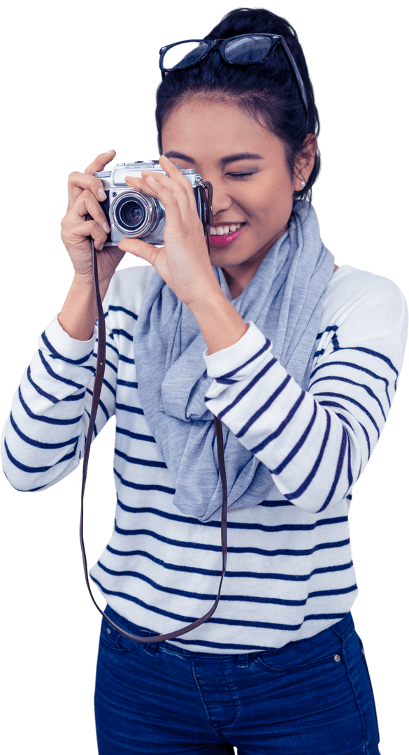 Joyful Asian Woman Photographing with Transparent Background