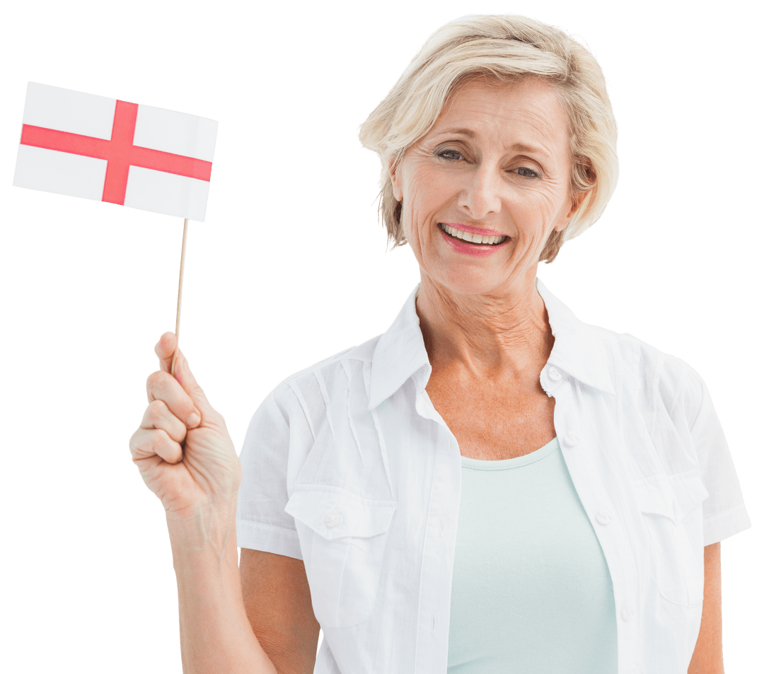 Senior Woman Smiling Holding English Flag on Transparent Background