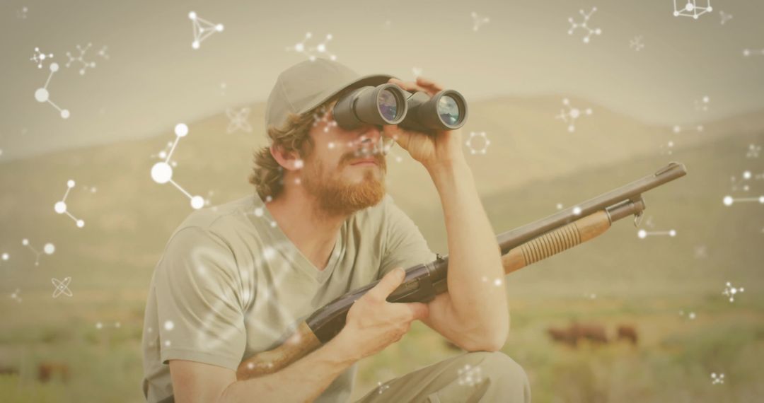 Hunter with Binoculars Gazing into Wilderness, Digital Overlay