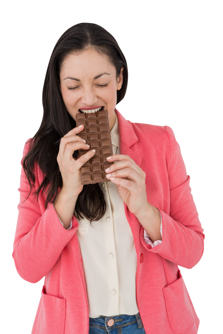 Smiling brunette enjoying chocolate bar in colaured jacket on transparent background - Download Free Stock Images Pikwizard.com