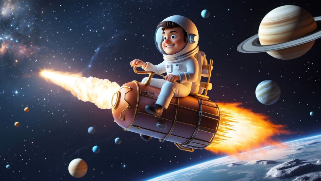 Imaginative adventure: future astrophysicist child astronaut riding rocket through colorful space