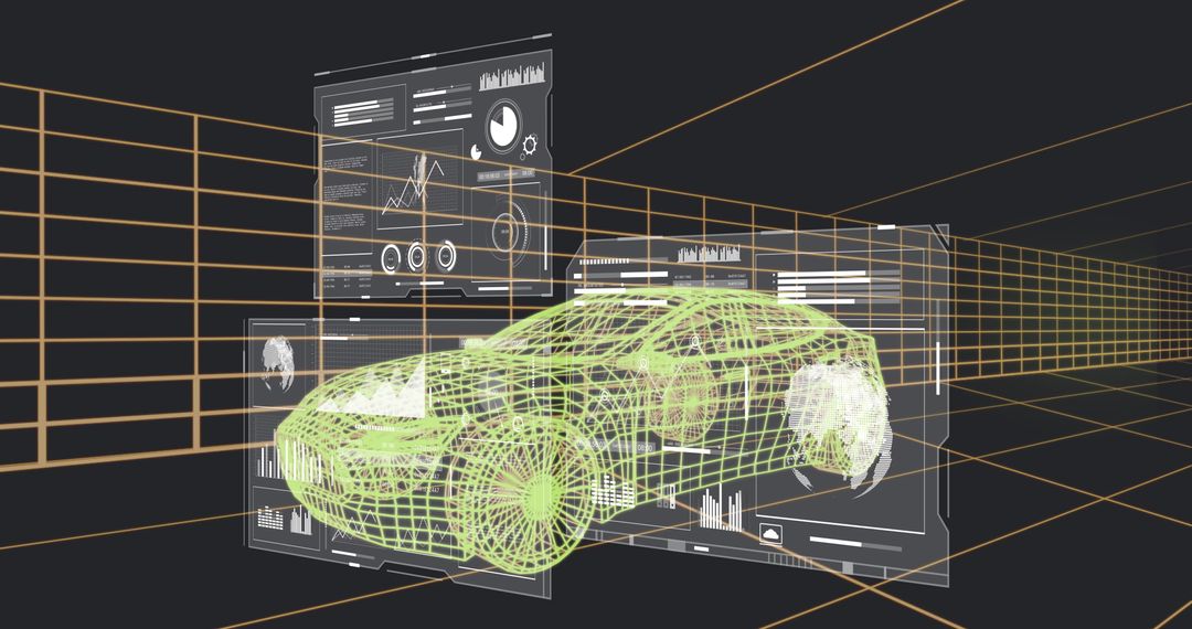 Futuristic Wireframe Car Model with Data Panels