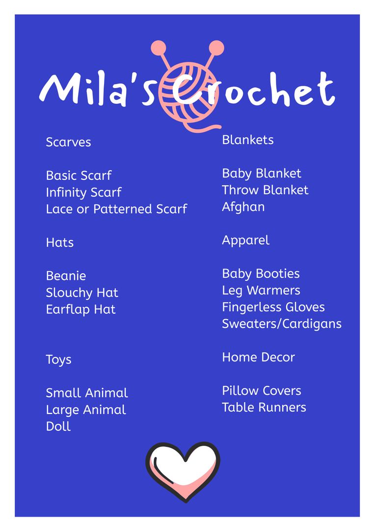 Mila's Crochet Menu of Handcrafted Knitwear and Home Decor - Download Free Stock Templates Pikwizard.com