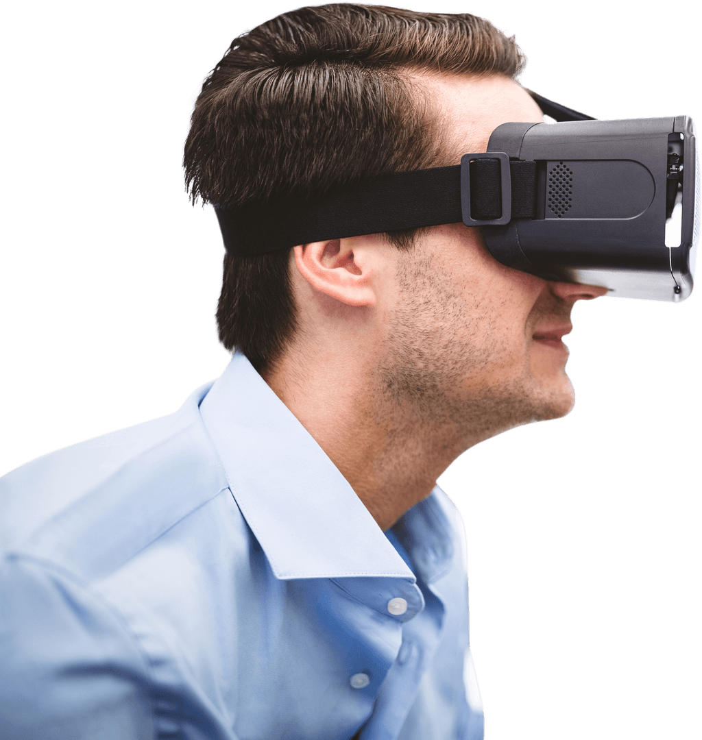 Caucasian Businessman Using Virtual Reality Headset on Transparent Background