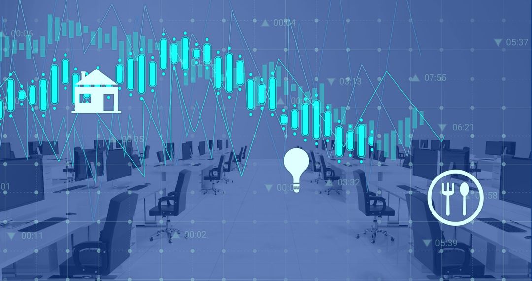 Digital Interface with Financial and Lifestyle Icons in Office