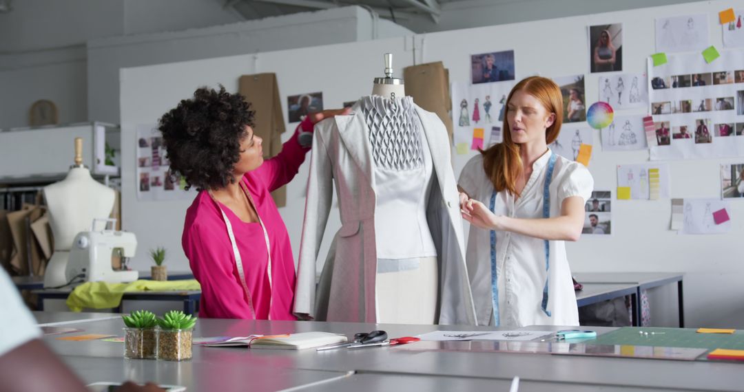 Two Women Collaborating on Fashion Design in Studio Workspace - Free Images, Stock Photos and Pictures on Pikwizard.com