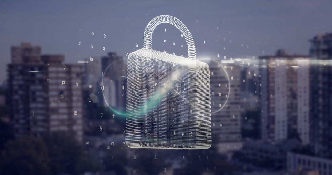 Digital Padlock Binary Code Overlaying Urban Cityscape