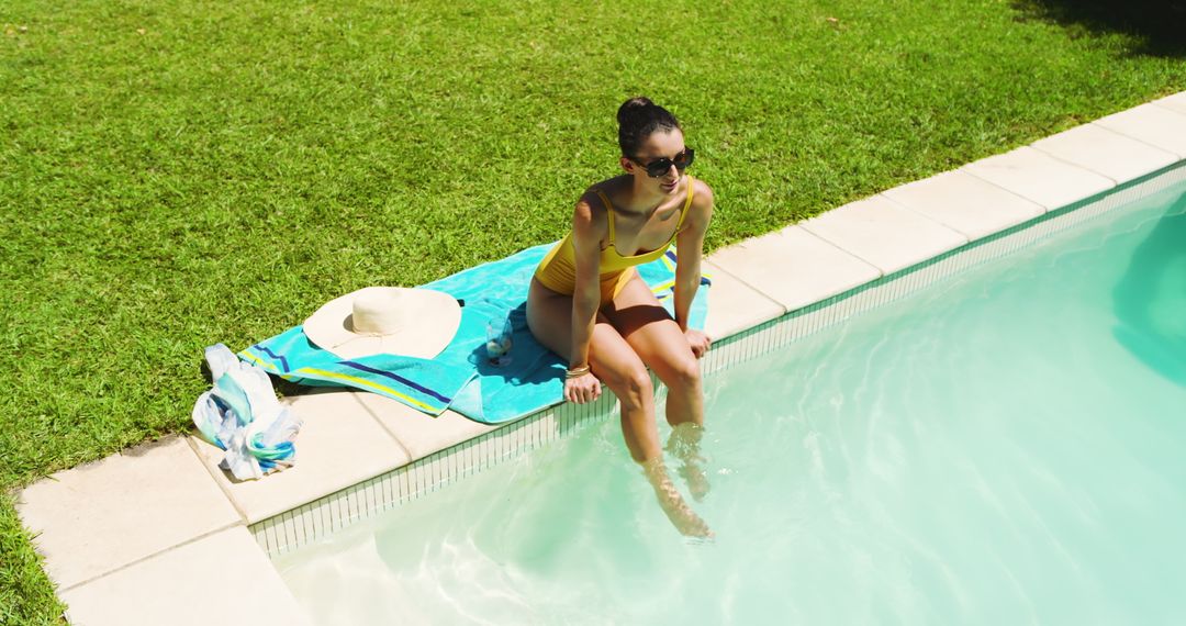 Woman Relaxing Poolside in Sunny Backyard