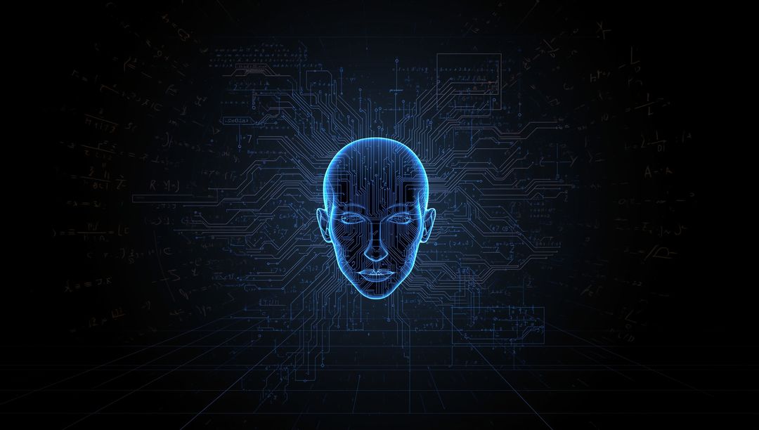 Digital AI Wireframe Face with Futuristic Circuitry
