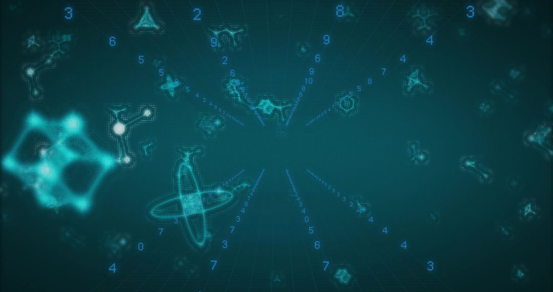 Futuristic Holographic Structure with Digital Grid and Neon Elements