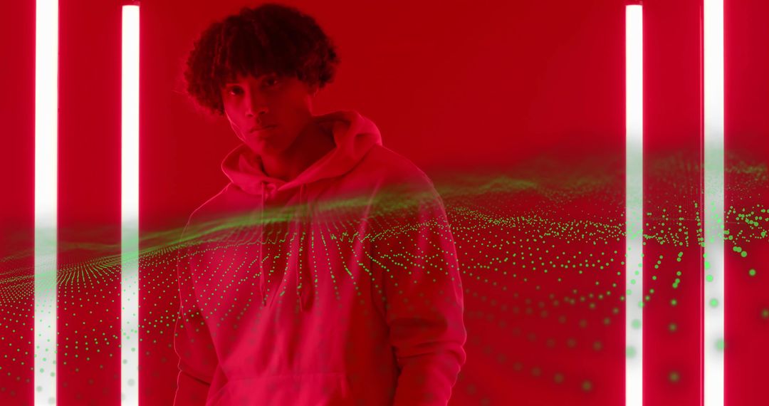 Futuristic Man in Red LED Setting with Digital Green Matrix