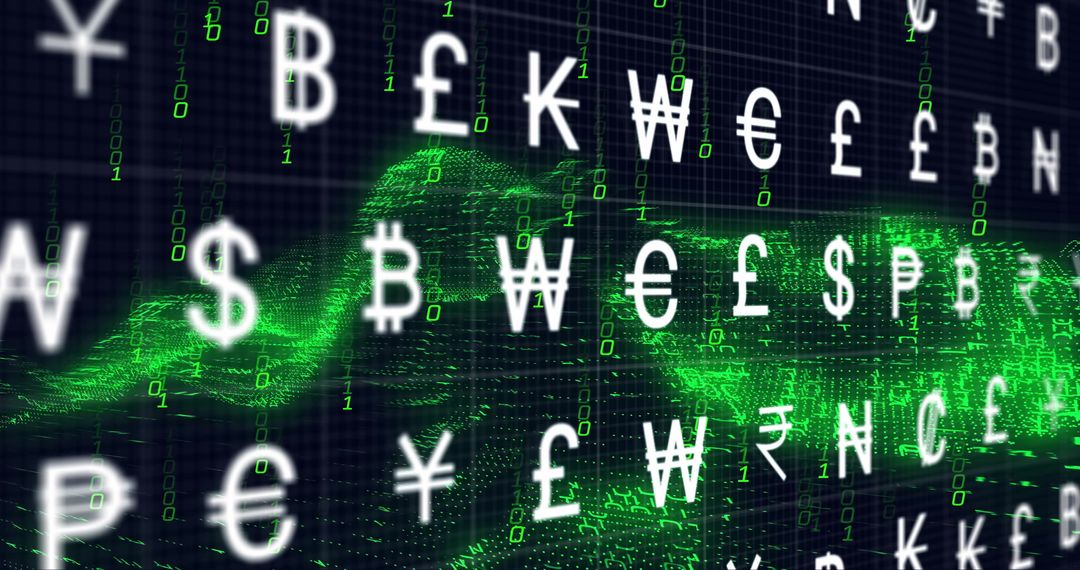 Digital Currency Symbols Floating Over Green Financial Graph