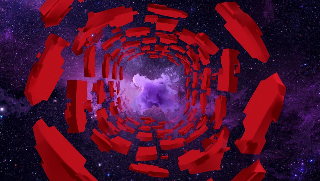 Spiraling Red Blocks in Cosmic Tunnel with Nebula Core