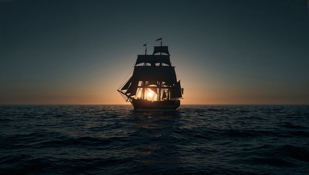 Sunset Silhouette of Majestic Sailing Ship over Waves