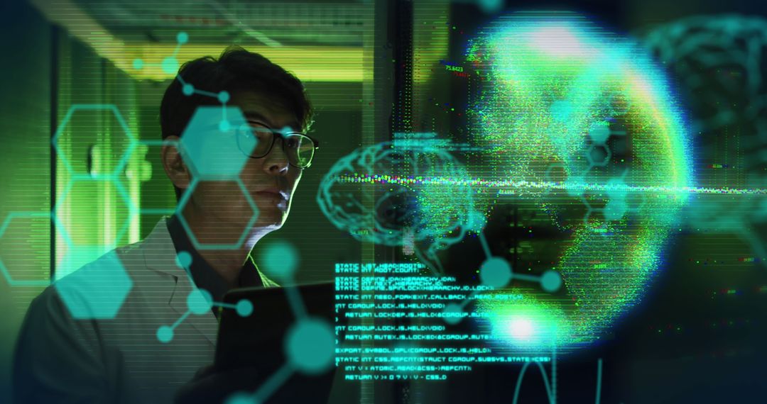 IT Technician Analyzing Digital Data Around the Globe