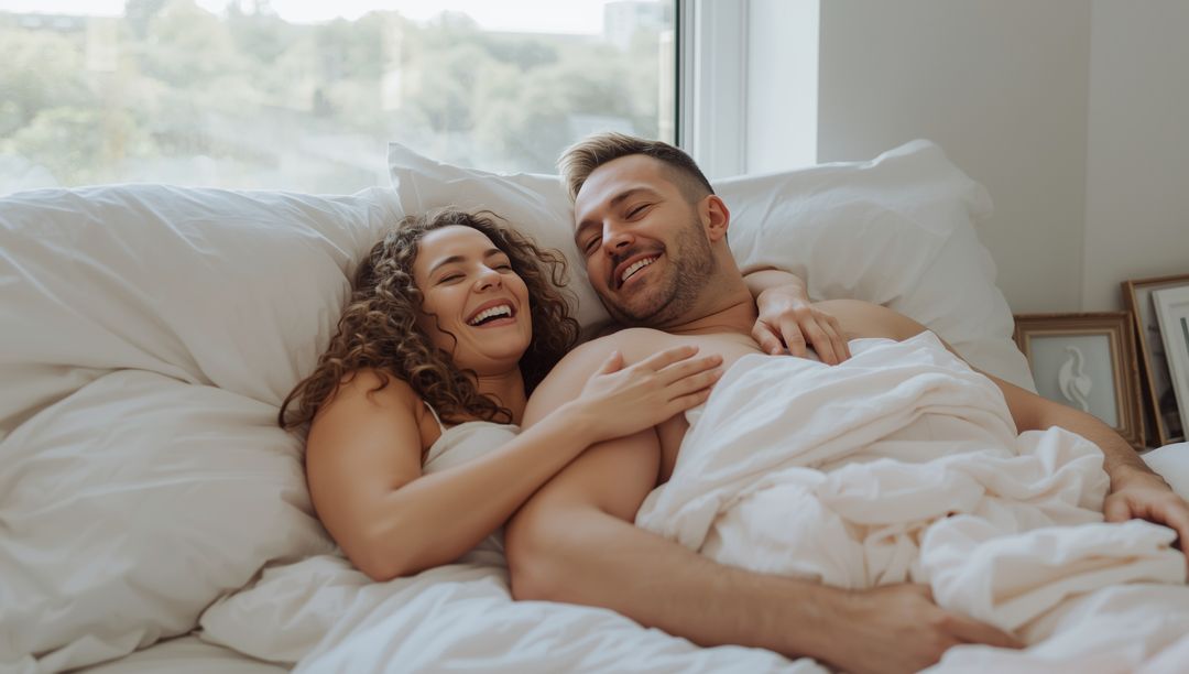Joyful Couple Relaxing Soft Morning Light Expression Love