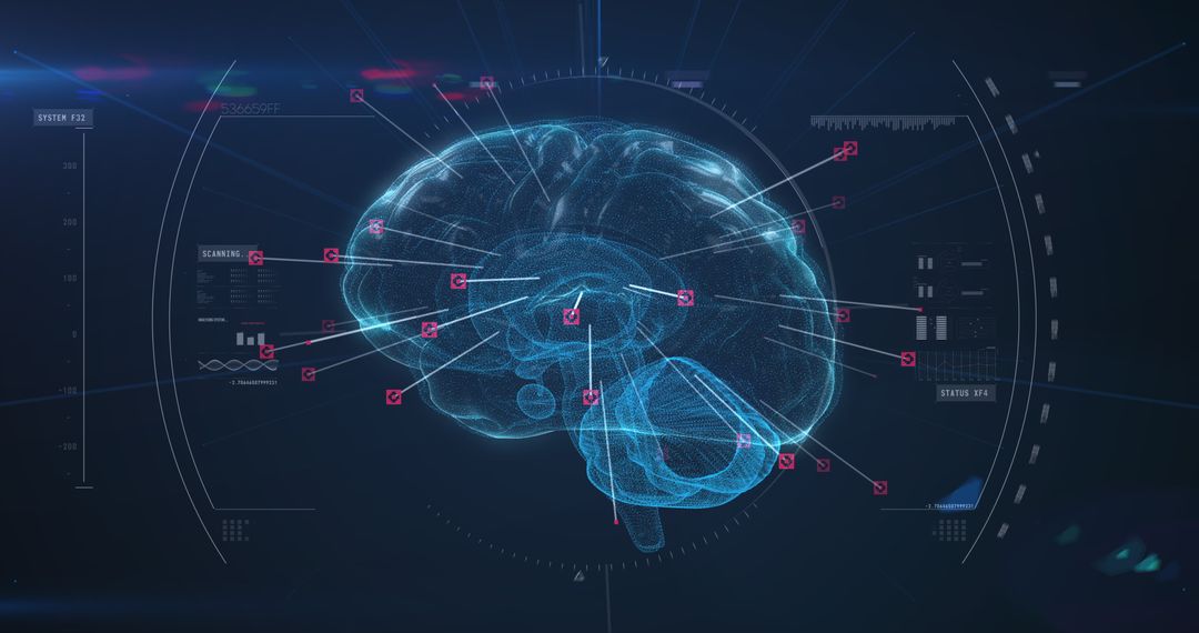 3D Glowing Brain with Data Network on Digital Interface