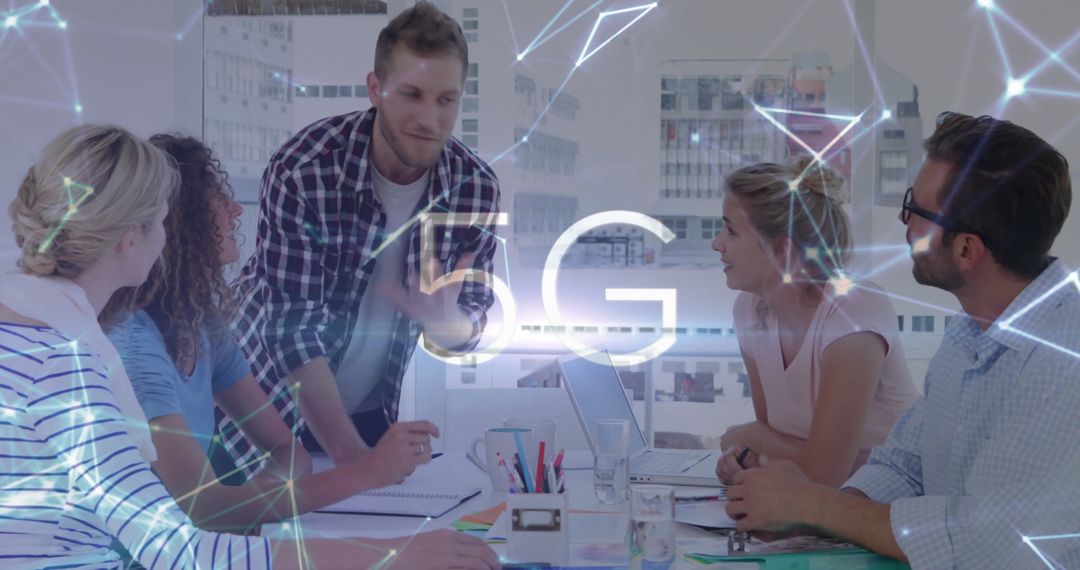 Business Team Discussing 5G Technology in Modern Office
