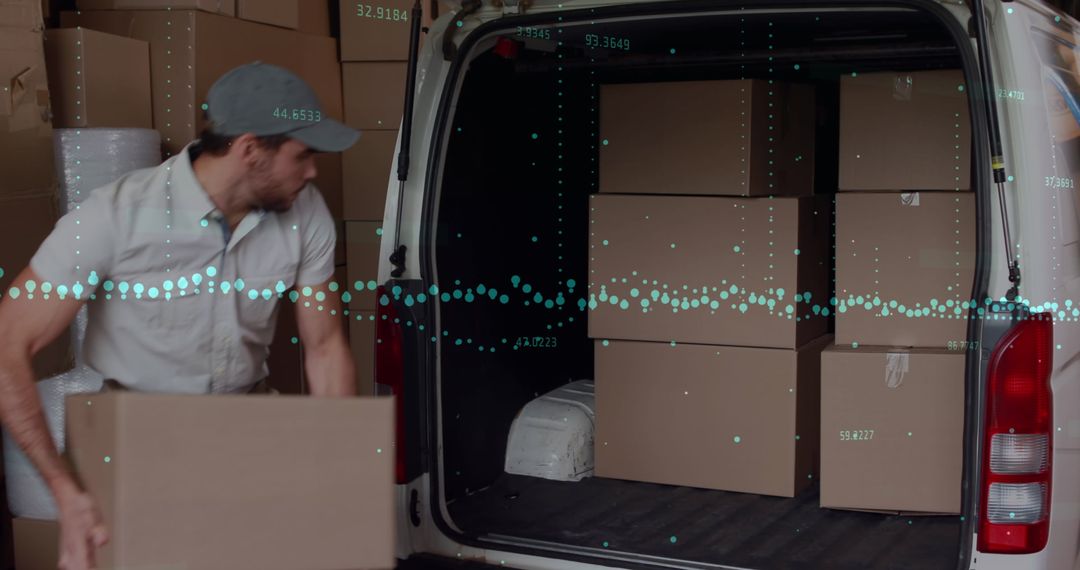 Courier Unloading Packages with Digital Financial Graph Overlay