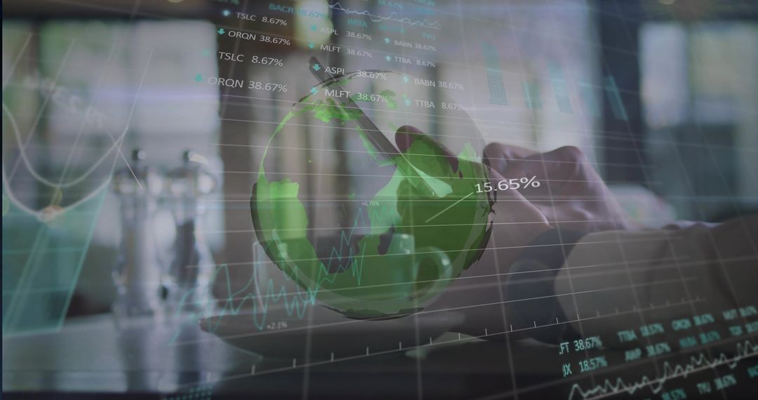 Typing Hands Over Futuristic Financial Hologram Globe Displaying Stock Charts and Data