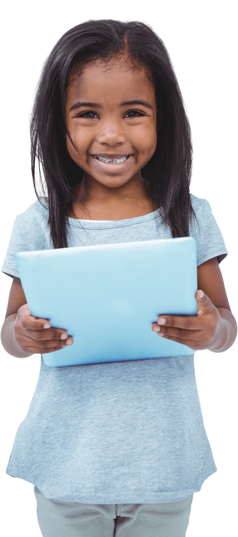Joyful Child Holding Tablet on Transparent Background