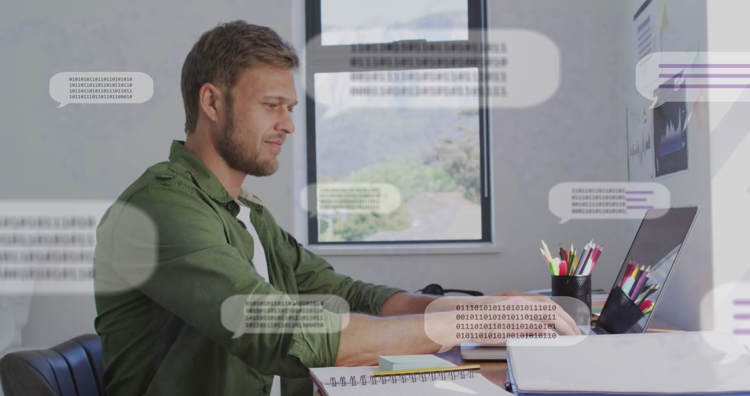 Man Working on Laptop Surrounded by Code in Modern Office - Free Images, Stock Photos and Pictures on Pikwizard.com