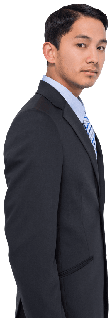 Attentive Asian Businessman in Formal Suit on Transparent Background