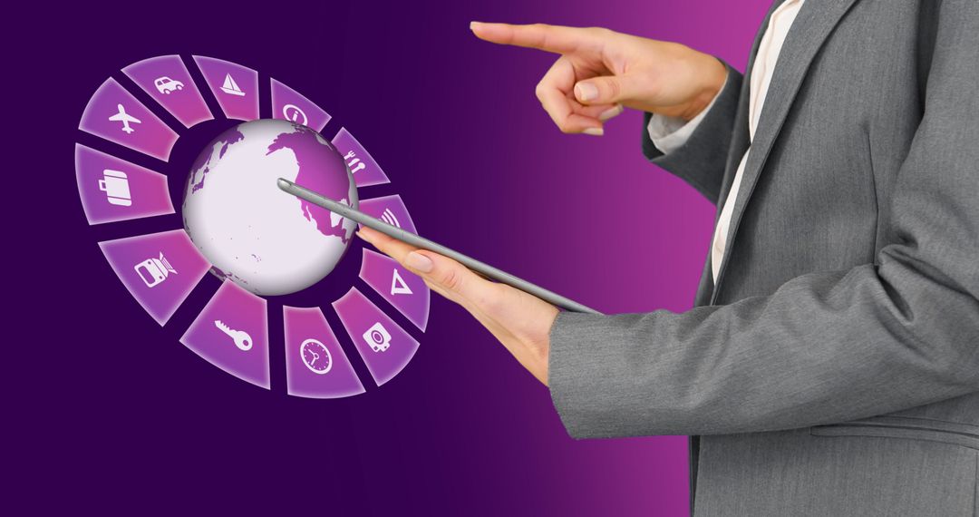 Image of travel icons with globe and caucasian woman using tablet on purple background - Free Images, Stock Photos and Pictures on Pikwizard.com