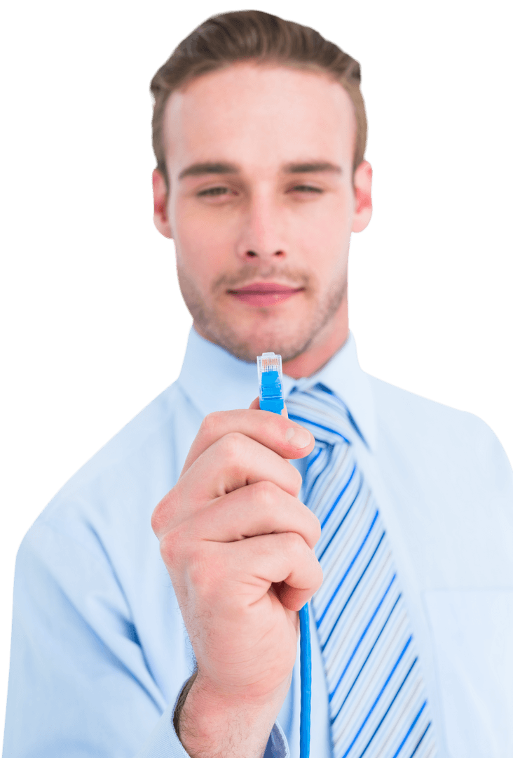 Smiling Businessman Holding Ethernet Cable on Transparent Background