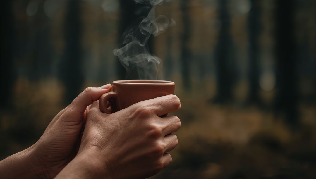 Hands cradling steaming ceramic mug in misty autumn forest creating cozy warmth moment
