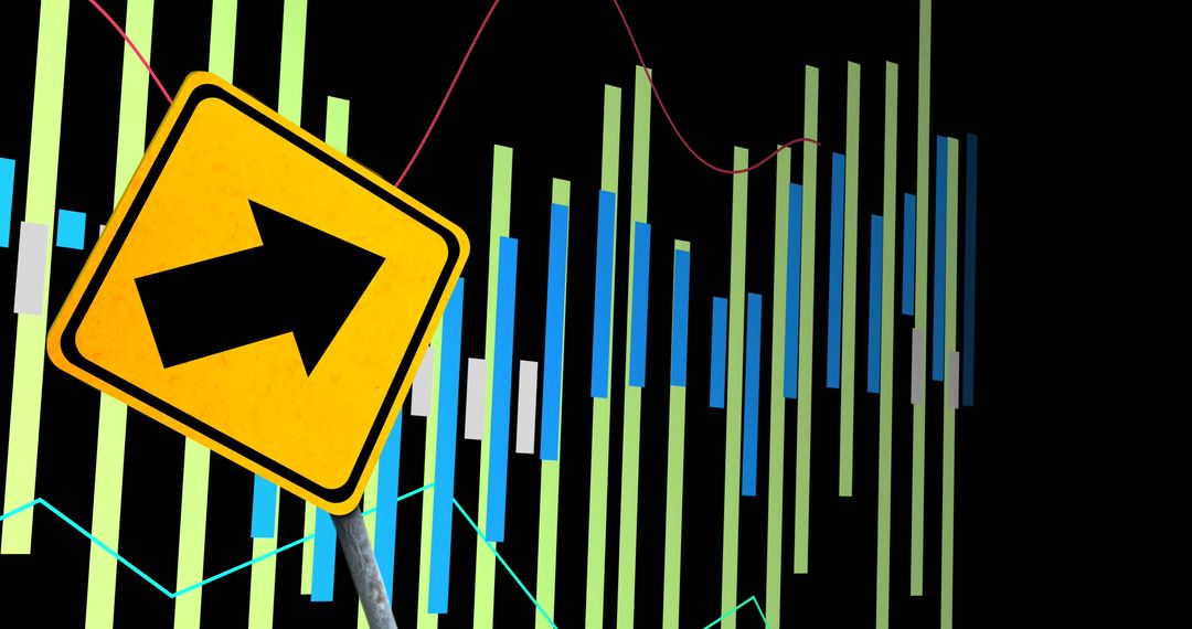 Financial Data Overlay with Direction Sign on Black Background