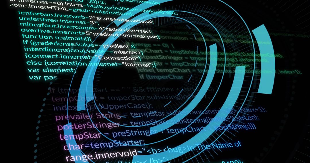 Rotating Cyan HUD Rings Streaming Code and Neon Data Visualization for Cyber Tech Interface