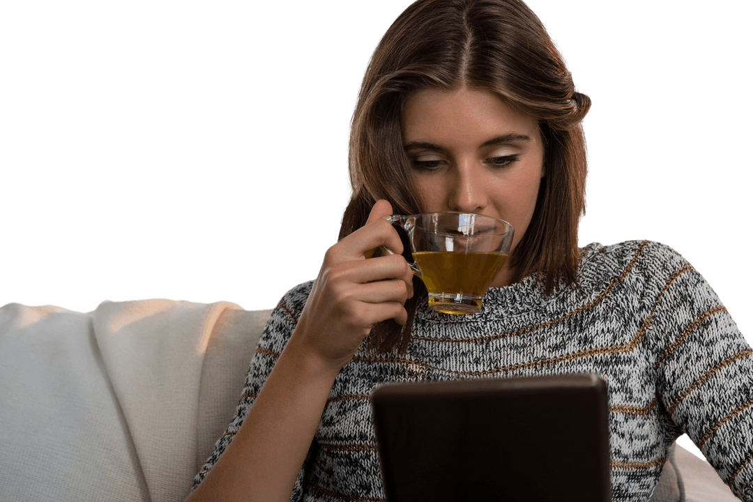 Transparent Woman Drinking Tea Using Tablet on Cozy Sofa