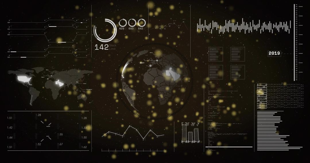 Rotating holographic globe displaying hex grid HUD with data analytics particles 2019