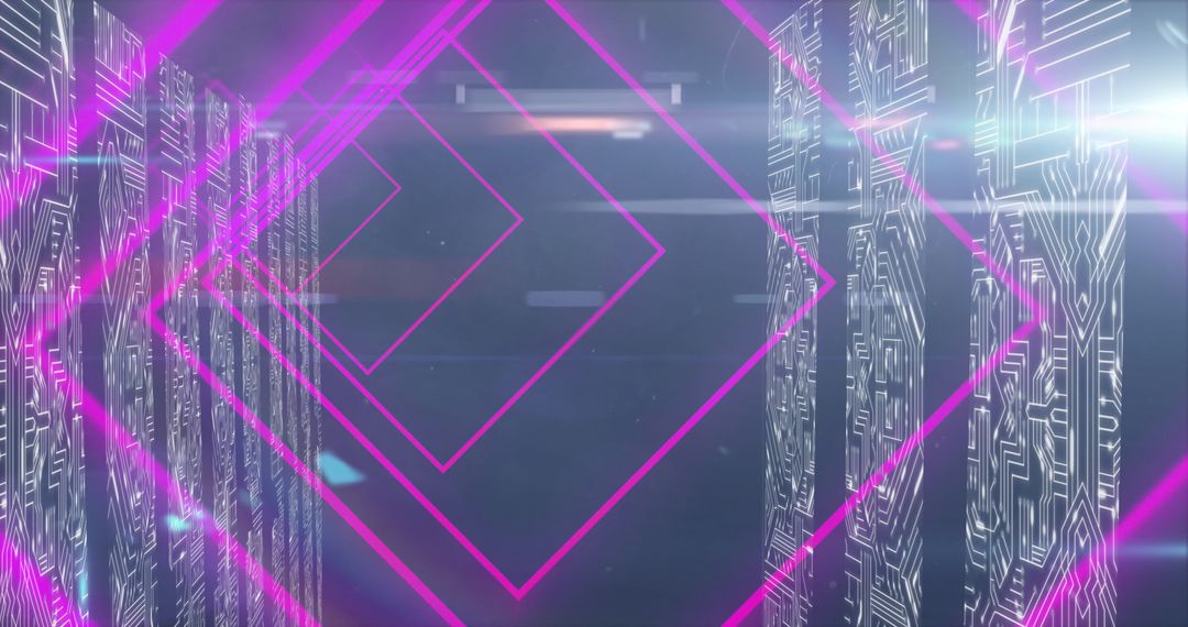 Bright Geometric Neon Lights and Digital Data Stream