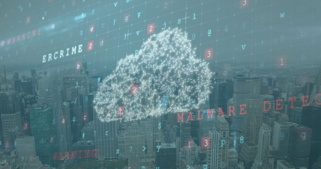 Digital Cloud Amidst Cityscape Revolving Around Data and Security