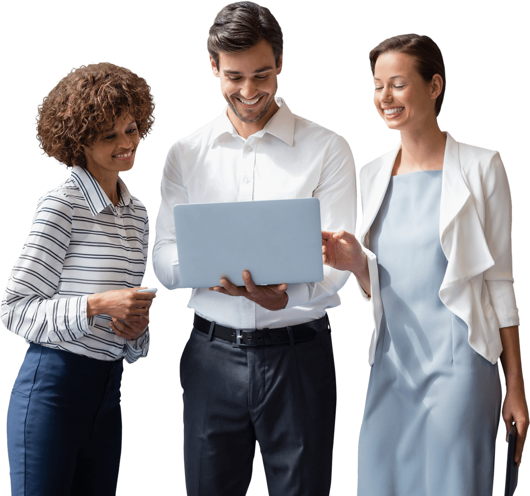 Smiling Business Team Collaborating with Transparent Laptop