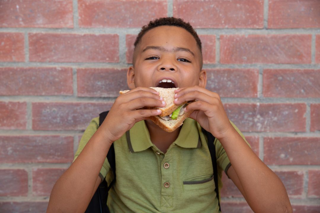 Portrait of african american elementary boy eating sandwich while sitting against brick wall - Free Images, Stock Photos and Pictures on Pikwizard.com