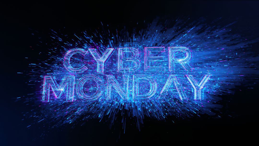 Cyber Monday Neon Glitch Typography Exploding Digital Particles Holographic Glow