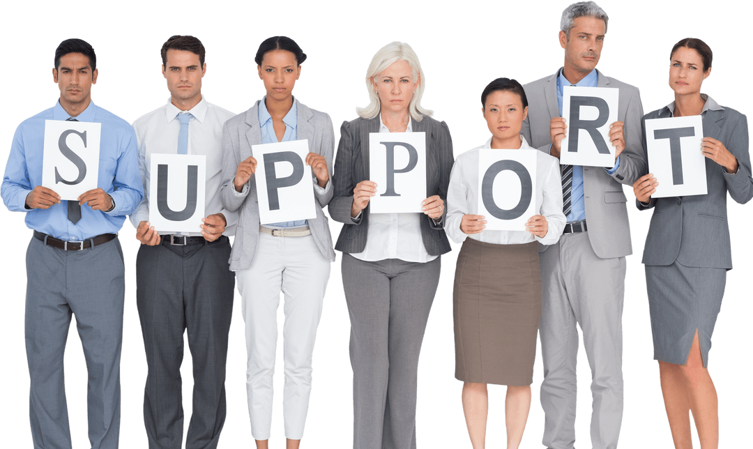 Diverse Business Team Holding Transparent Support Signs