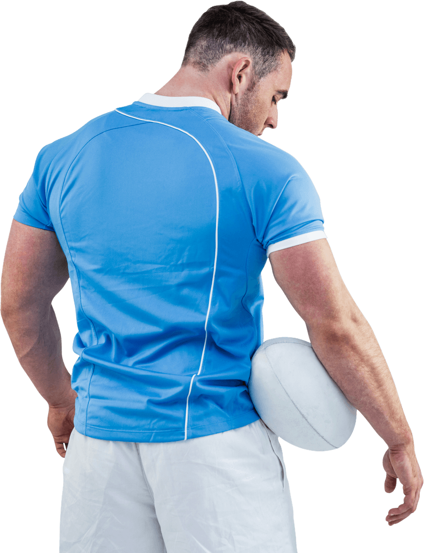 Rugby Player Holding Ball Making Reflective Pose on White Background