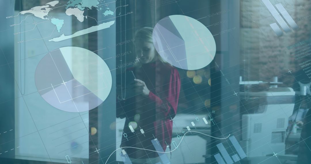 Businesswoman Using Smartphone with Overlay of Financial Graphs