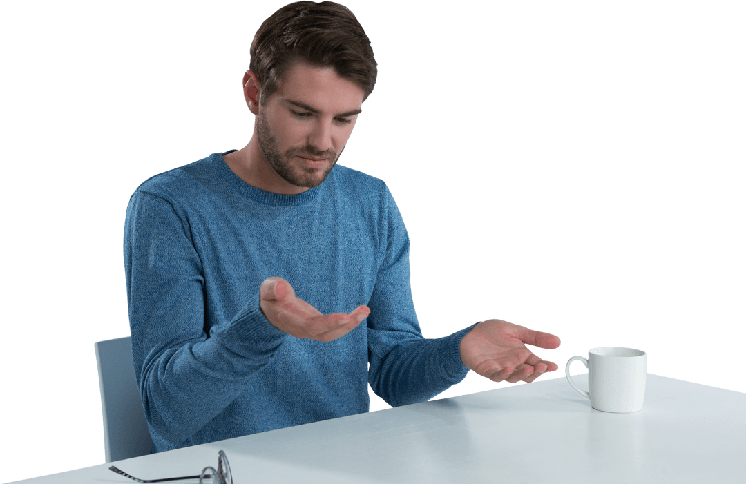 Man in Blue Sweater Pretending to Hold Transparent Object