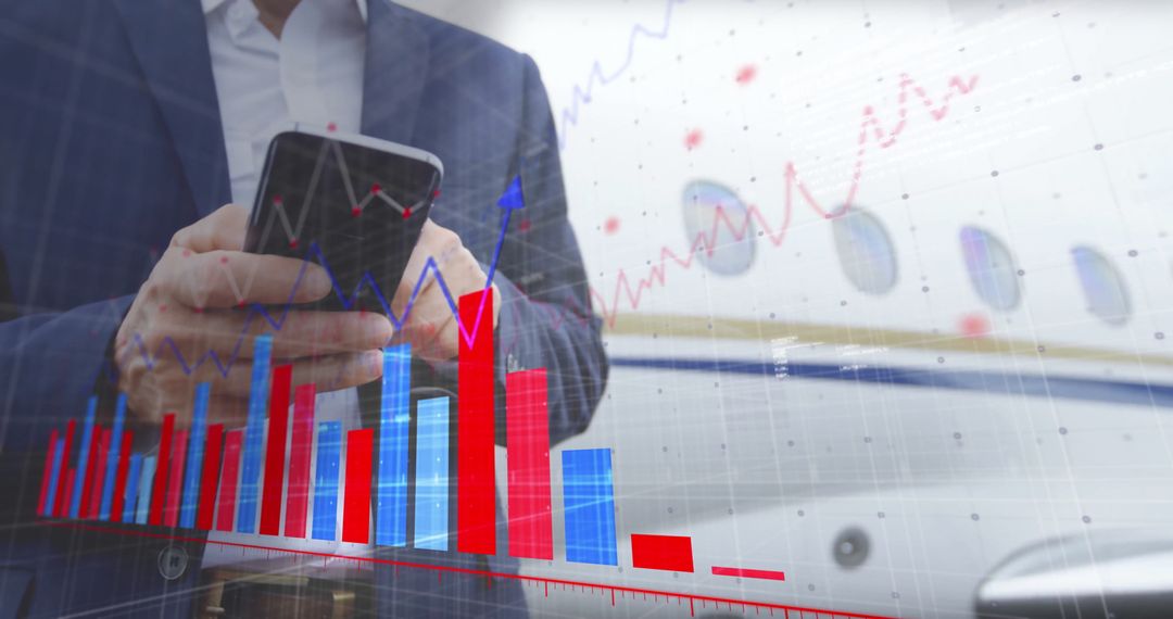Businessman Analyzing Financial Data with Smartphone Near Airplane