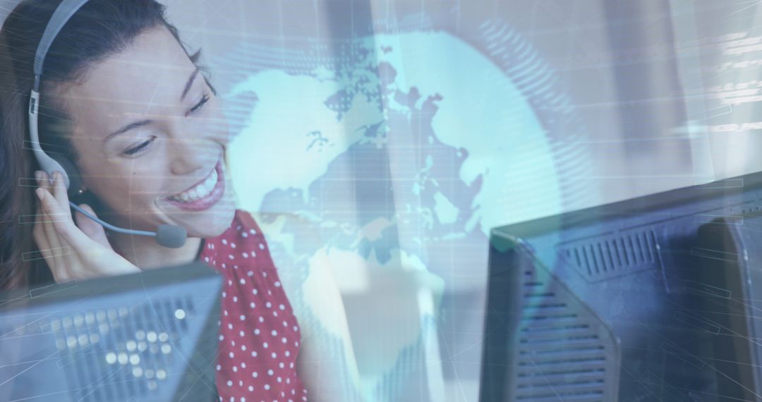 Cheerful Call Center Agent Working with Futuristic Technology